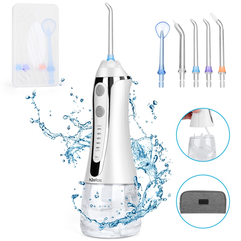 H2ofloss Water Flosser Profesional Irrigator oral dentar fără fir - Portabil și reîncărcabil IPX7 Cu apă impermeabilă pentru curățarea dinților, rezervor de acasă de 300 ml și călătorie (HF-2)